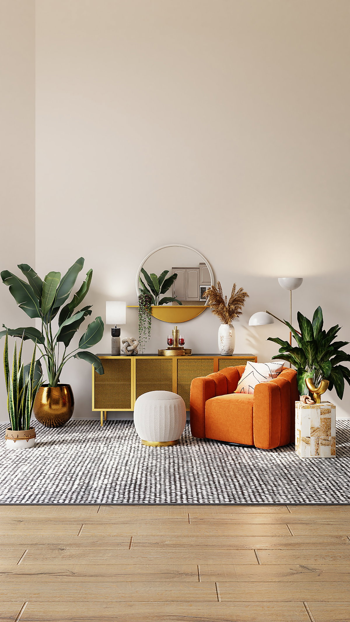 Wohnzimmer mit einem orangefarbenen Sessel und vielen Pflanzen