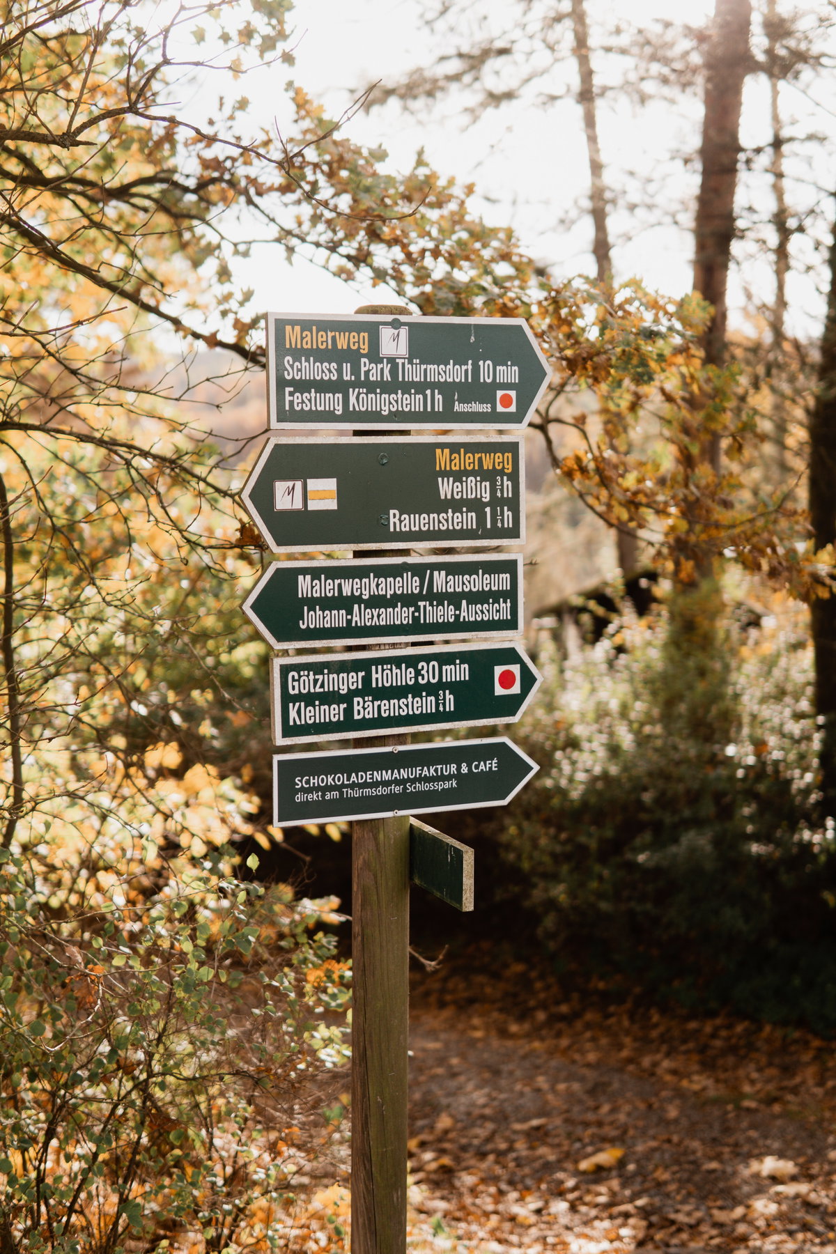 Schild im Wald in herbstlichen Farben