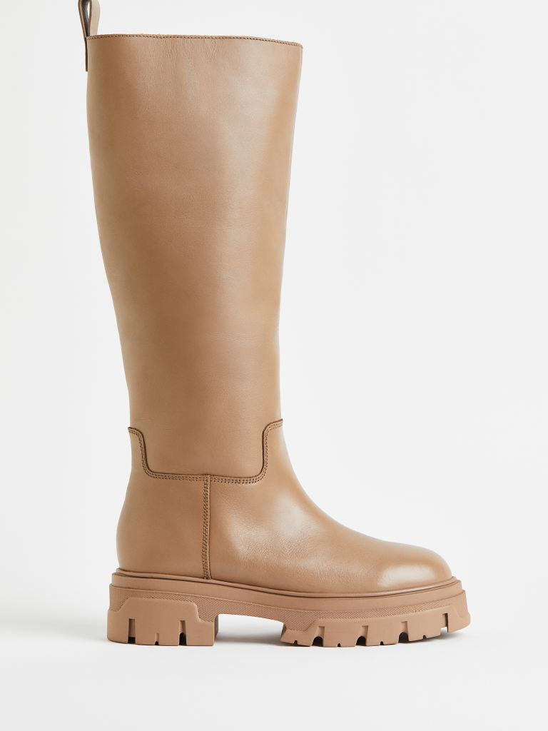 Kniehohe Stiefel aus Leder H&M in Hellbraun klobig chunky