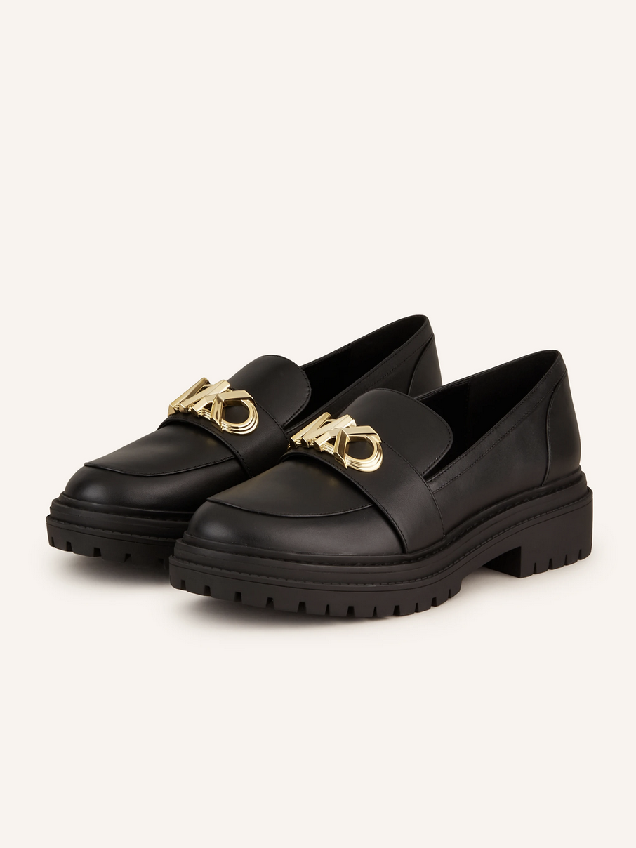 Schwarze Loafer von Michael Kors mit goldfarbener Logo-Applikation