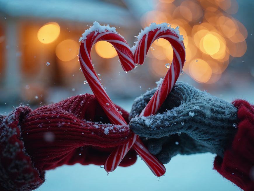 Zwei Hände halten Zuckerstangen zu einem Herz zusammen.
