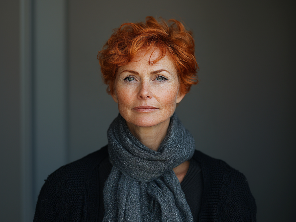 Ältere Frau mit kurzen, kupferroten Haaren und einem grauen Schal.