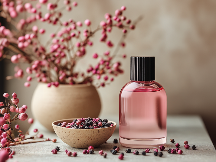 Ein Parfum Flakon auf einem Tisch mit schwarzem und pinkem Pfeffer daneben.