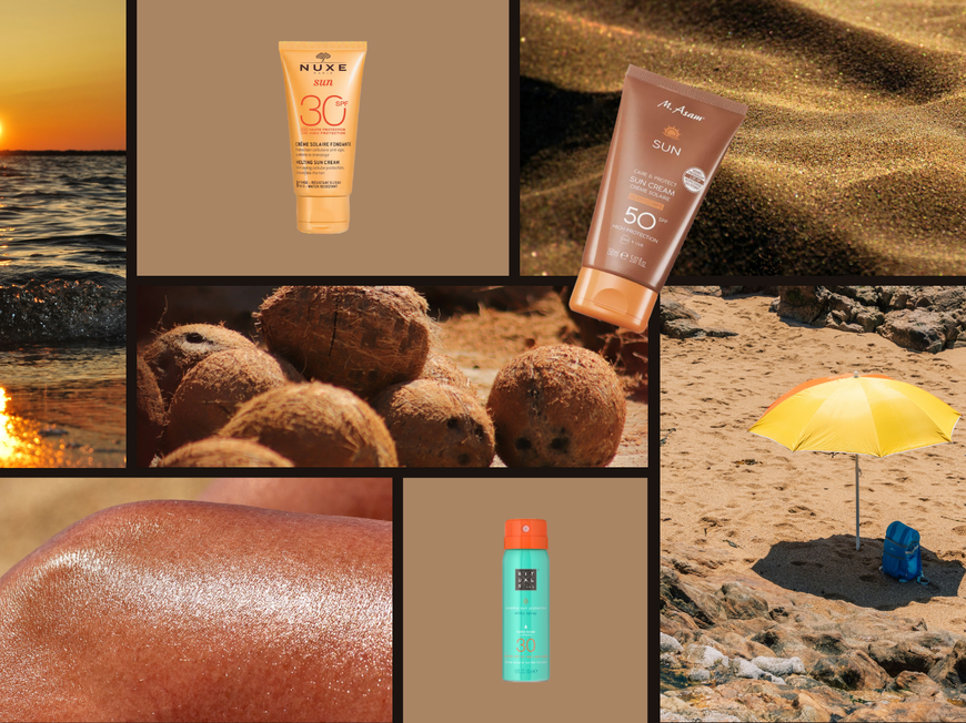 Eine Collage mit Fotos vom Strand, Sand, Kokosnüssen, einem gelben Sonnenschirm, gebräunter Haut und verschiedenen Sonnencremes.