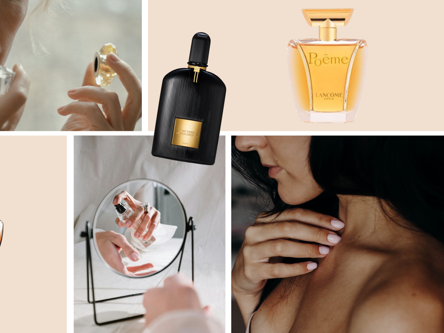 Collage mit verschiedenen Parfums, Flakons und Frauen, die an Parfums riechen.