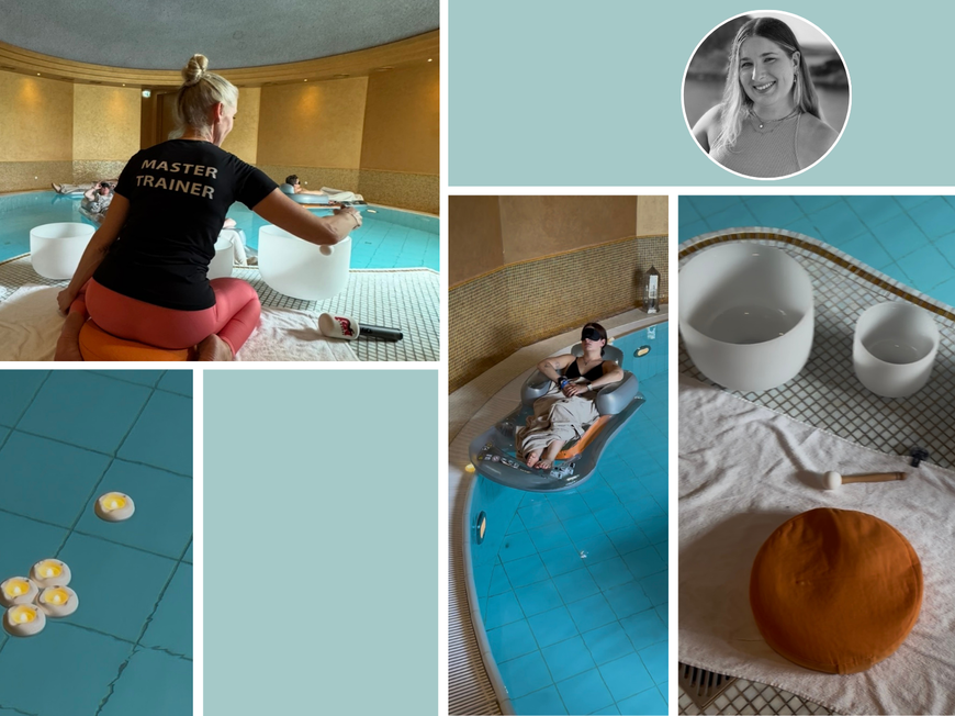 Collage mit Bildern vom Floating Sound Bath mit Wasser, Klangschalen und einer Frau auf einer Matte im Pool.