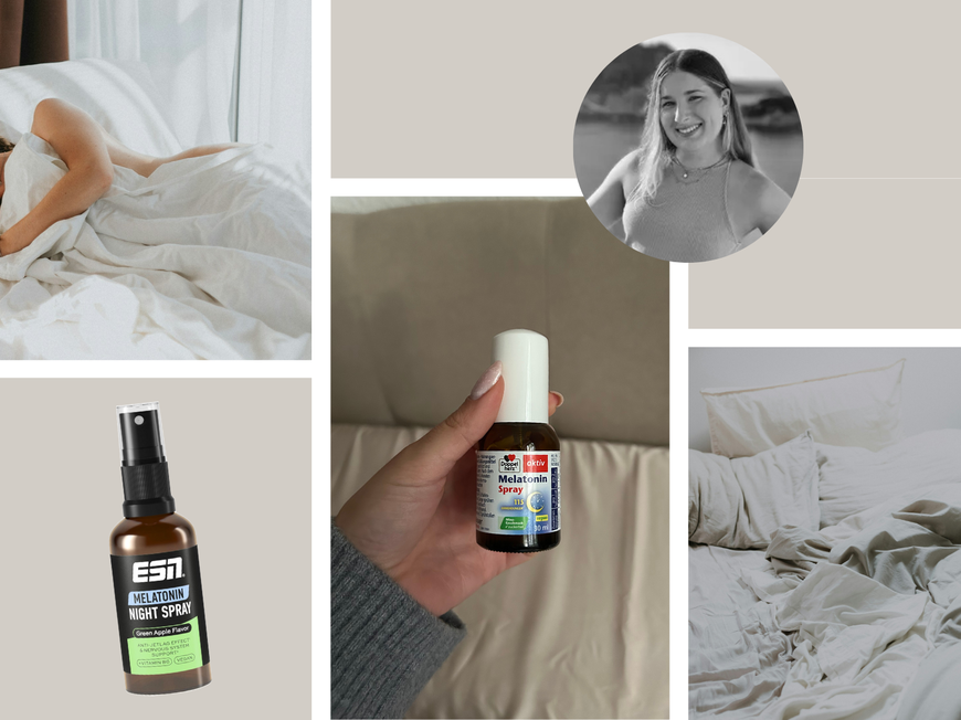 Eine Collage mit Bettwäsche, einer Frau, die im Bett liegt und verschiedenen Melatonin Sprays.