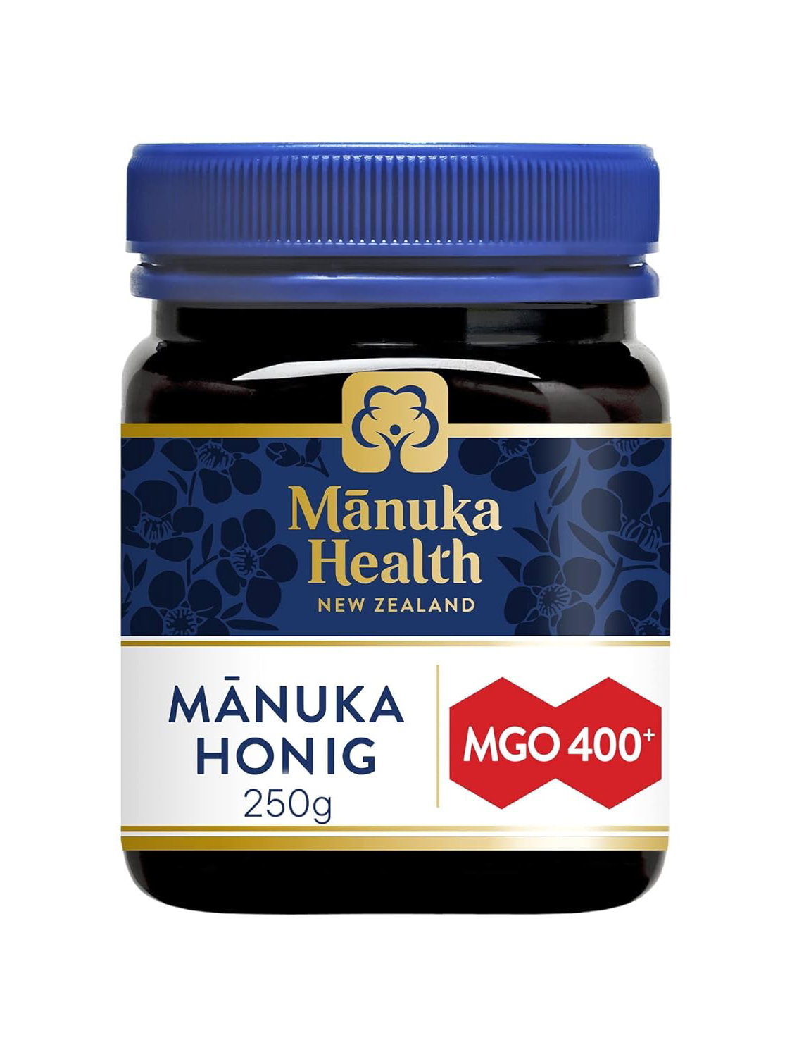 Manuka Honig von Manuka Health in einer Glasverpackung mit blauem Deckel.