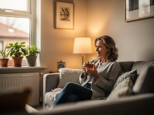 Entspannte Frau mit Teetasse auf kleinem Sofa in heller, kompakter Wohnzimmerecke mit Pflanzen und Lampenlicht.