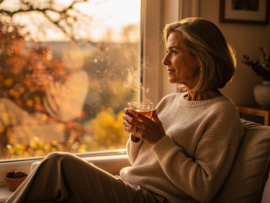 Frau Mitte 50 sitzt gemütlich mit Teetasse am Fenster und blickt nachdenklich auf bunte Herbstblätter.