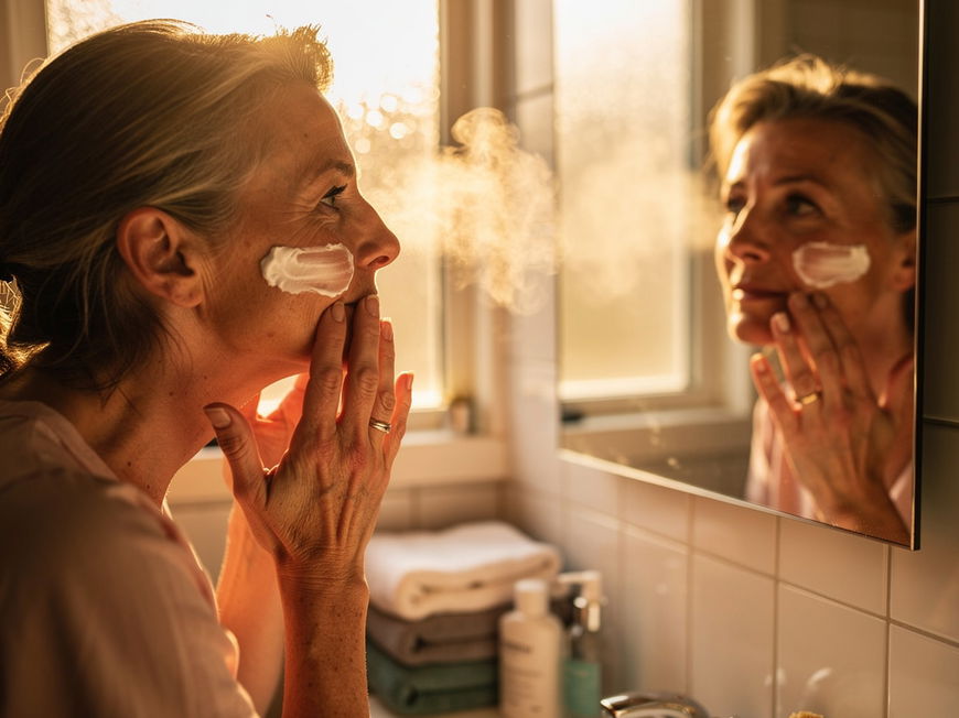 Frau mittleren Alters cremt sich sanft das Gesicht im Badezimmerspiegel ein, warmes Morgenlicht fällt durch das Fenster.