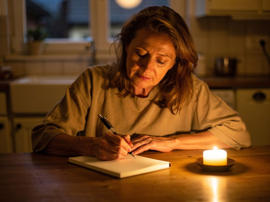 Frau schreibt abends am Küchentisch bei Kerzenlicht in ein Notizbuch, nachdenklich und konzentriert.