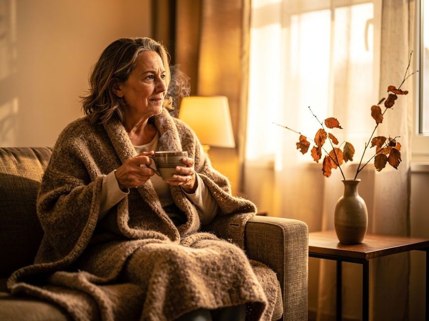 Frau um die 50 sitzt gemütlich in einer Wolldecke auf dem Sofa am Fenster mit Tee und Herbstdeko.