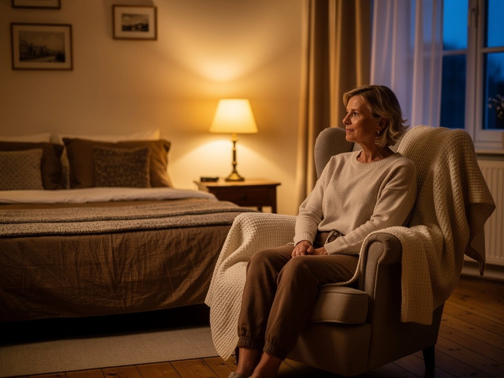 Gemütliches Schlafzimmer mit einer Frau im Sessel, warmer Lampenlicht-Atmosphäre und gedeckten Farbtönen am Abend.
