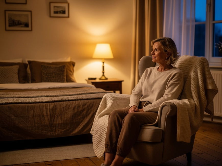 Gemütliches Schlafzimmer mit einer Frau im Sessel, warmer Lampenlicht-Atmosphäre und gedeckten Farbtönen am Abend.